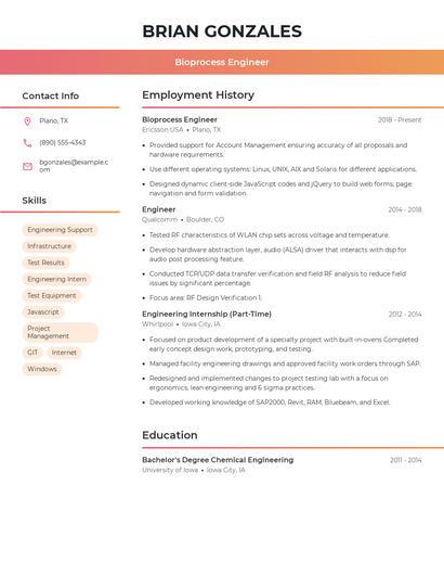 Bioprocess Engineer Resume