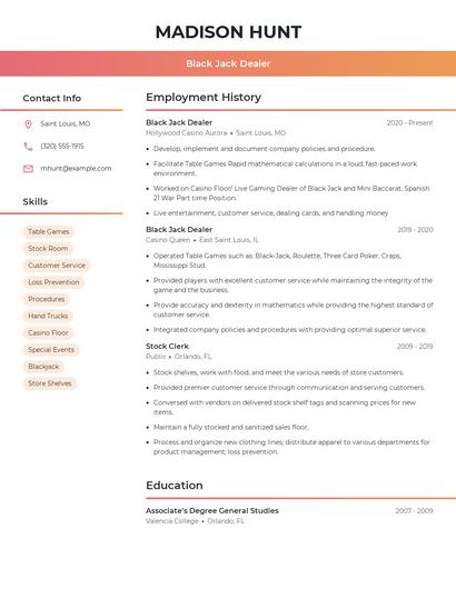 Black Jack Dealer Resume
