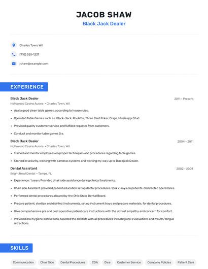 Black Jack Dealer Resume
