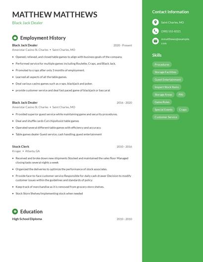 Black Jack Dealer Resume