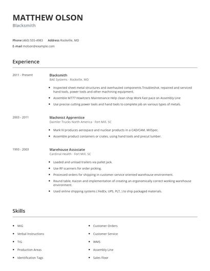 Blacksmith Resume