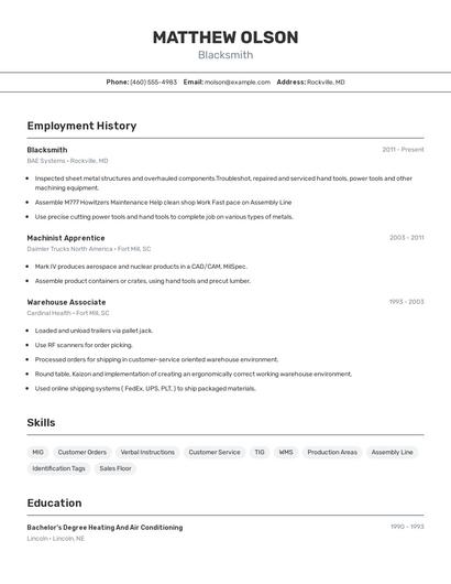 Blacksmith Resume