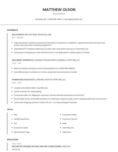 Blacksmith Resume