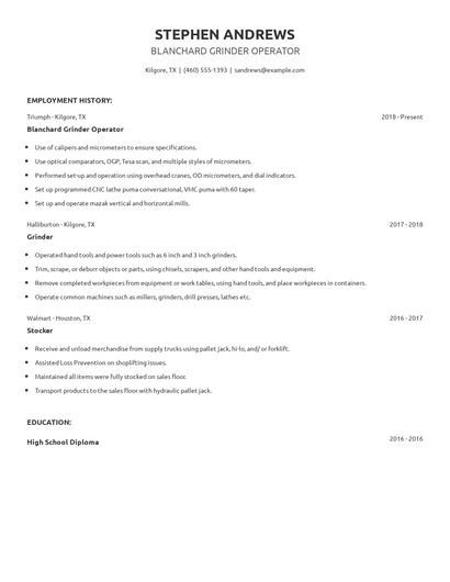 Blanchard Grinder Operator Resume