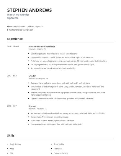 Blanchard Grinder Operator Resume