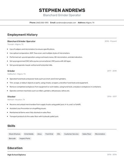 Blanchard Grinder Operator Resume