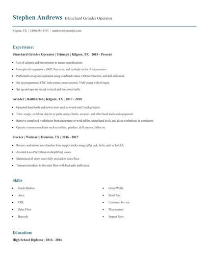 Blanchard Grinder Operator Resume