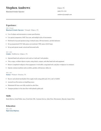 Blanchard Grinder Operator Resume