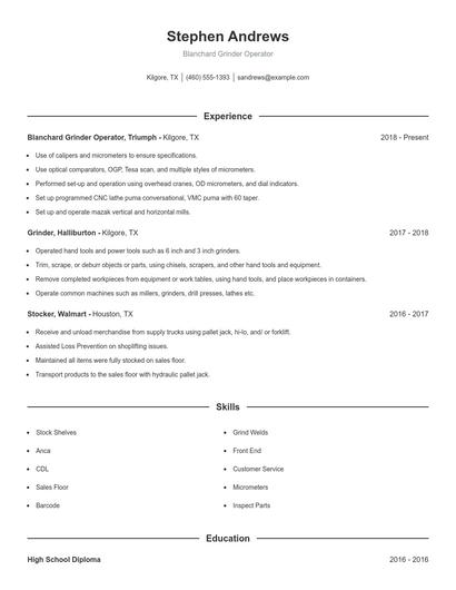 Blanchard Grinder Operator Resume