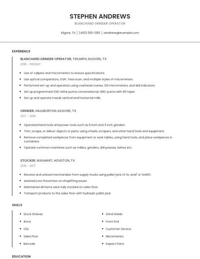 Blanchard Grinder Operator Resume