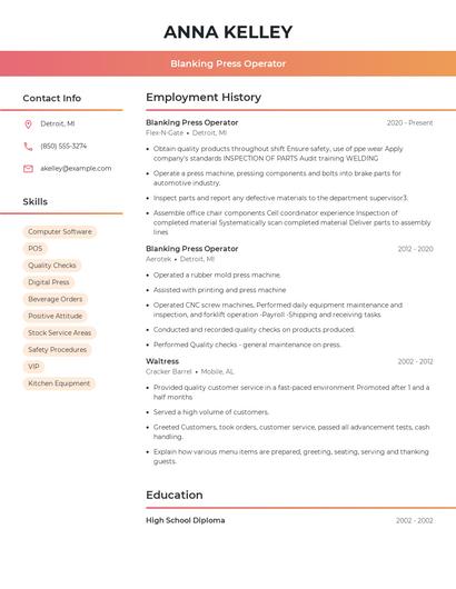 Blanking Press Operator Resume