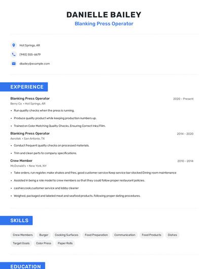Blanking Press Operator Resume