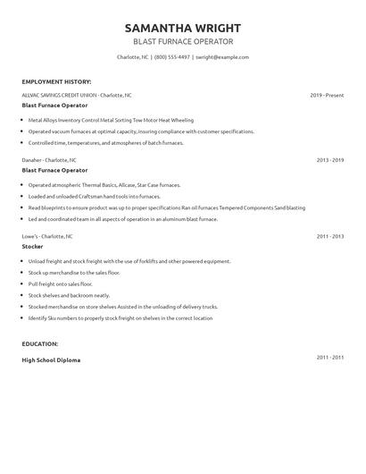 Blast Furnace Operator Resume