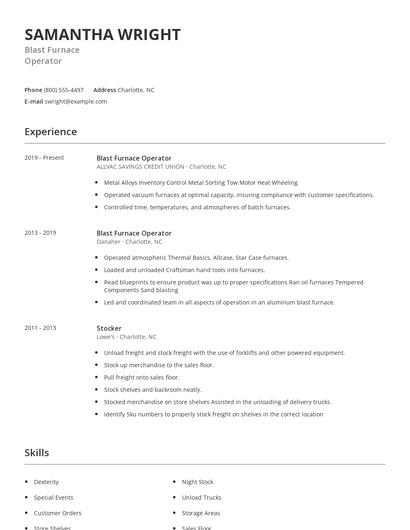 Blast Furnace Operator Resume