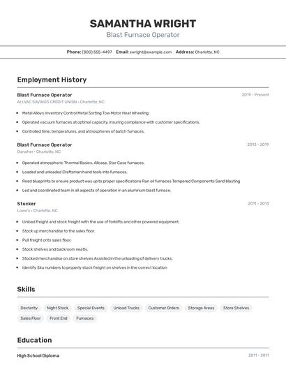 Blast Furnace Operator Resume