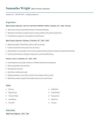 Blast Furnace Operator Resume