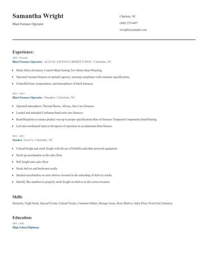 Blast Furnace Operator Resume