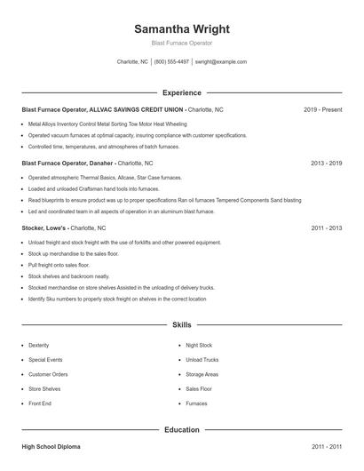 Blast Furnace Operator Resume