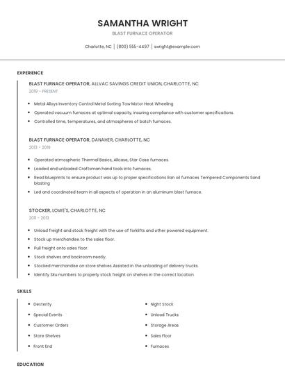 Blast Furnace Operator Resume