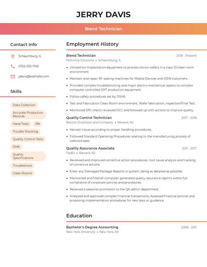Blend Technician Resume