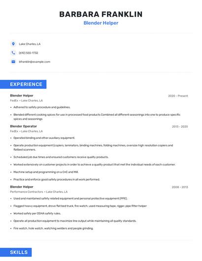 Blender Helper Resume