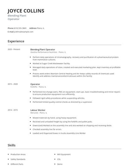 Blending Plant Operator Resume
