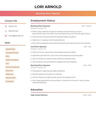 Blending Plant Operator Resume