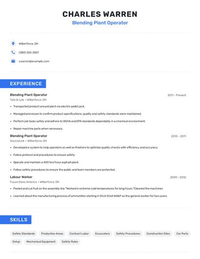 Blending Plant Operator Resume