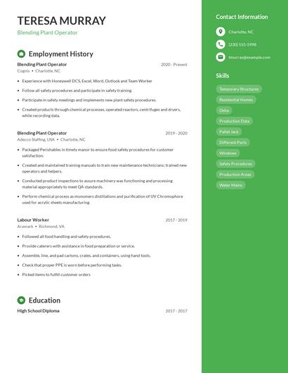 Blending Plant Operator Resume