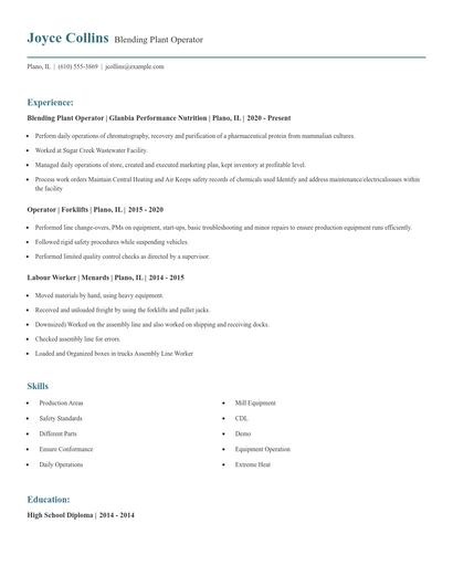 Blending Plant Operator Resume