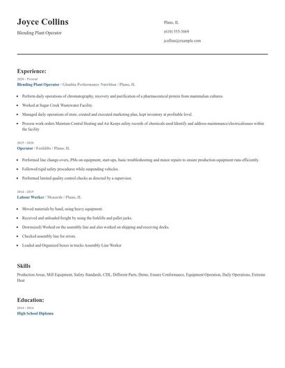 Blending Plant Operator Resume