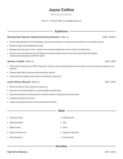 Blending Plant Operator Resume