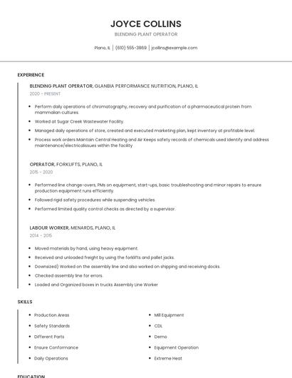 Blending Plant Operator Resume