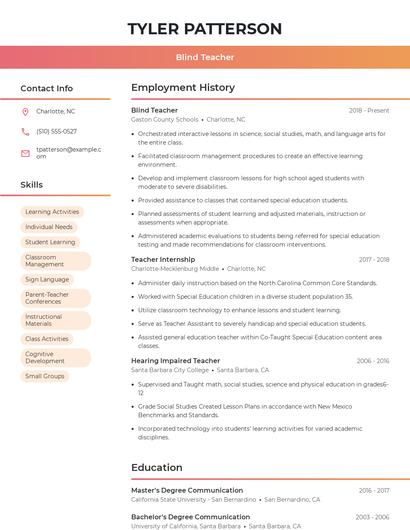 Blind Teacher Resume