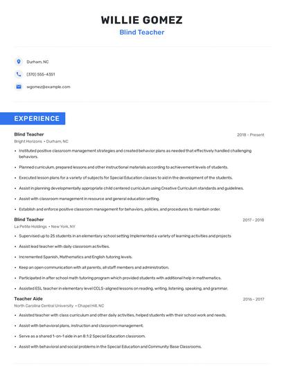 Blind Teacher Resume