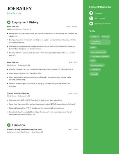 Blind Teacher Resume