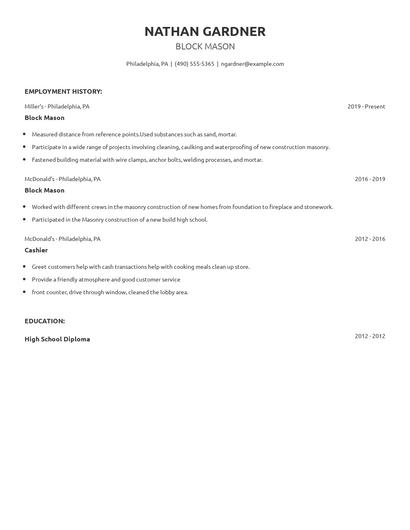 Block Mason Resume
