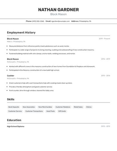 Block Mason Resume