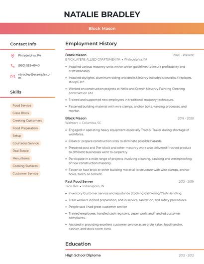 Block Mason Resume