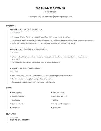 Block Mason Resume