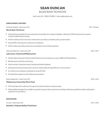 Blood Bank Technician Resume