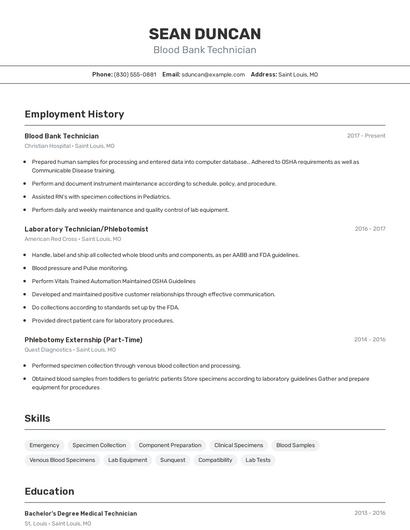 Blood Bank Technician Resume