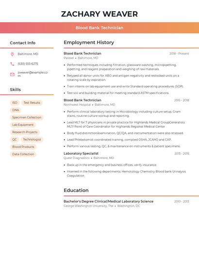 Blood Bank Technician Resume