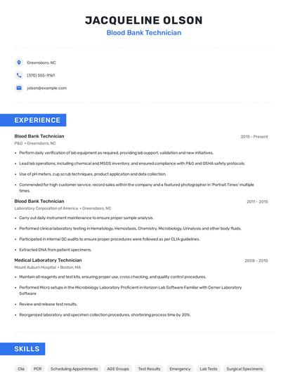 Blood Bank Technician Resume