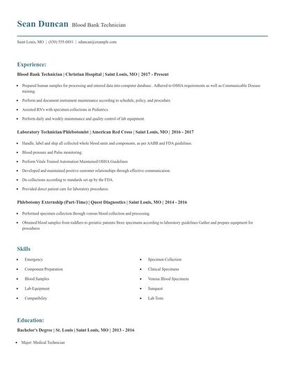 Blood Bank Technician Resume