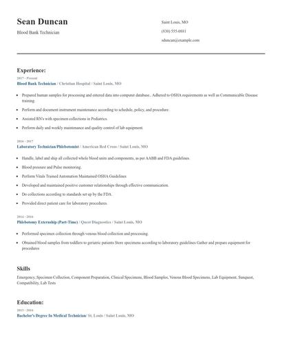 Blood Bank Technician Resume