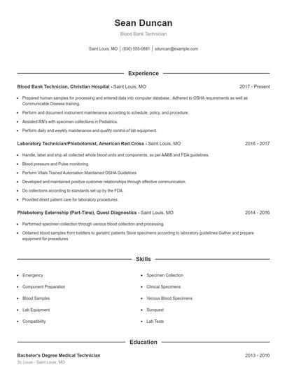 Blood Bank Technician Resume