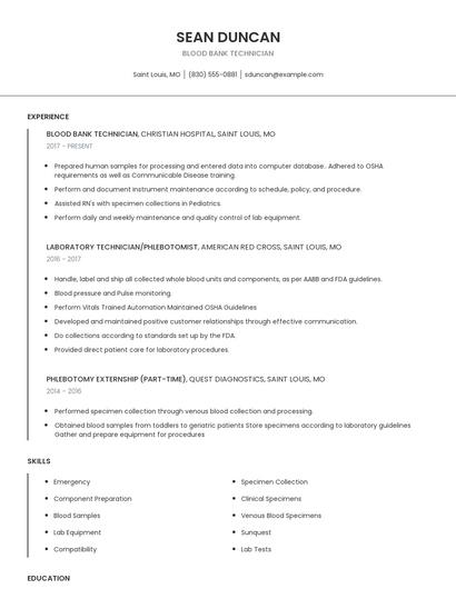 Blood Bank Technician Resume