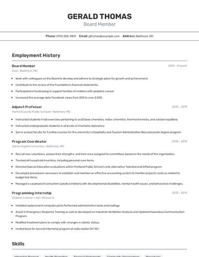 Board Member Resume
