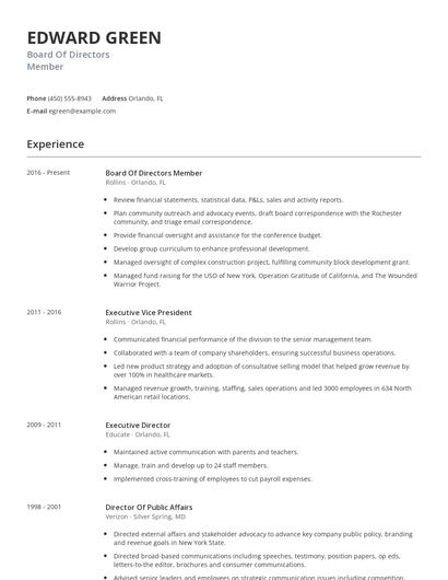 Board Of Directors Member Resume